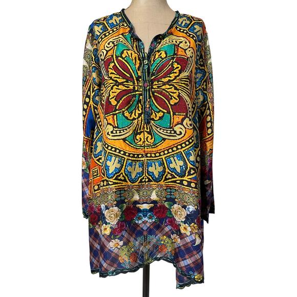 Johnny Was Silk Floral Butterfly Plaid Tunic - Picture 1 of 8